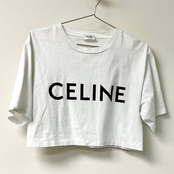 CELINE Paris Cotton Jersey Short Sleeve Crew Neck Cropped T-Shirt White Women XS - Picture 3 of 6
